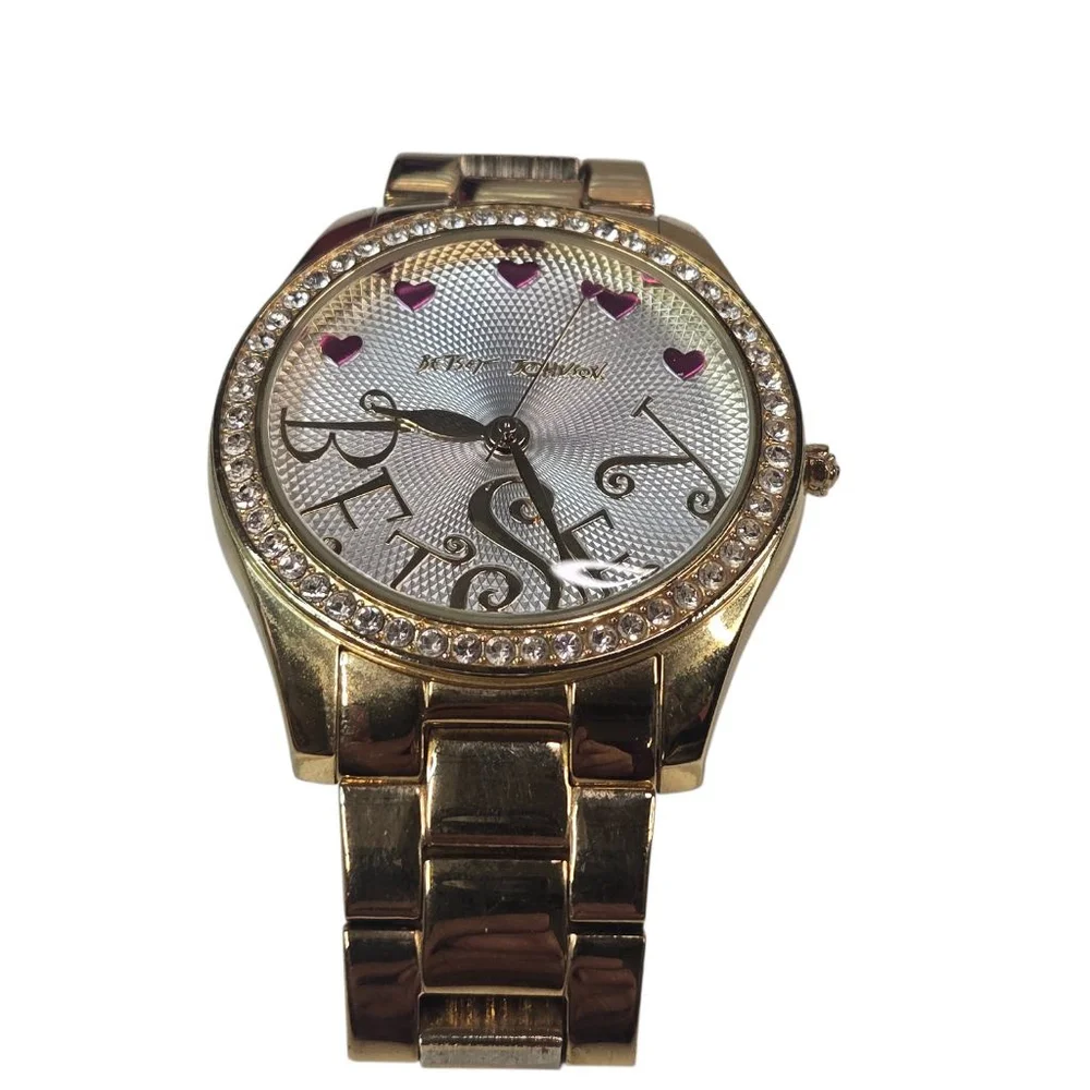 Betsey Johnson Watch GoldTone Crystal Bezel Hearts Battery Works silvertone face